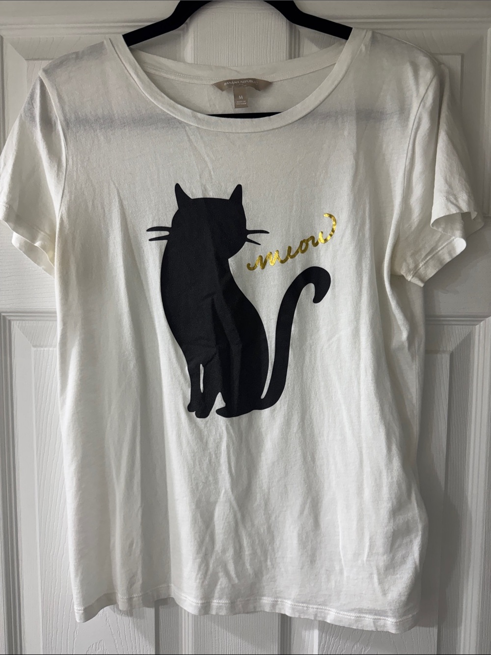 Banana Republic White Short Sleeve Tee with Black Cat and Gold 'meow' Accent